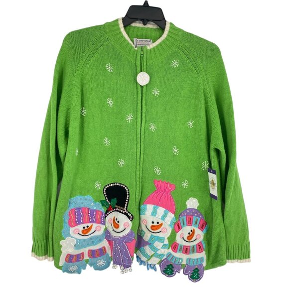 Tiara International Xmas Sweater 26/28 Green Zip Front Snowmen Cozy Holiday Wear - Picture 1 of 13